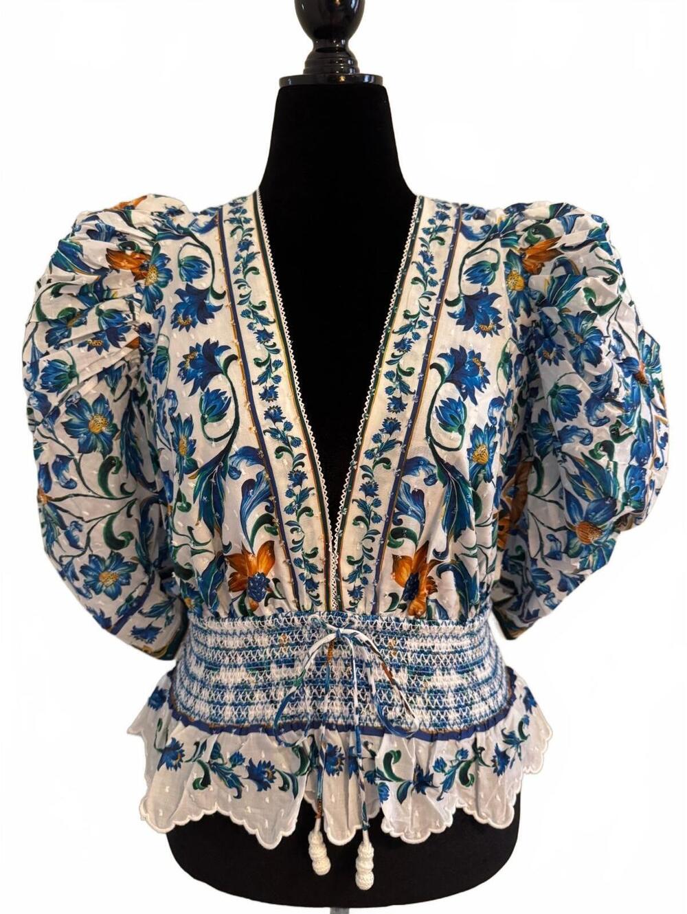 NWT Farm Rio Deep V 100% Organic Cotton Puff Sleeve Blouse Smocked Waist Large - Picture 2 of 8